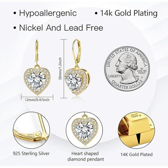 925 Sterling 14K Gold Plated Heart Cubic Zirconia Dangle Earrings - Picture 4 of 5